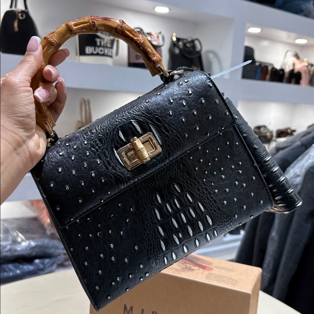 Black Textured Top-Handle Bag with Bamboo Handle